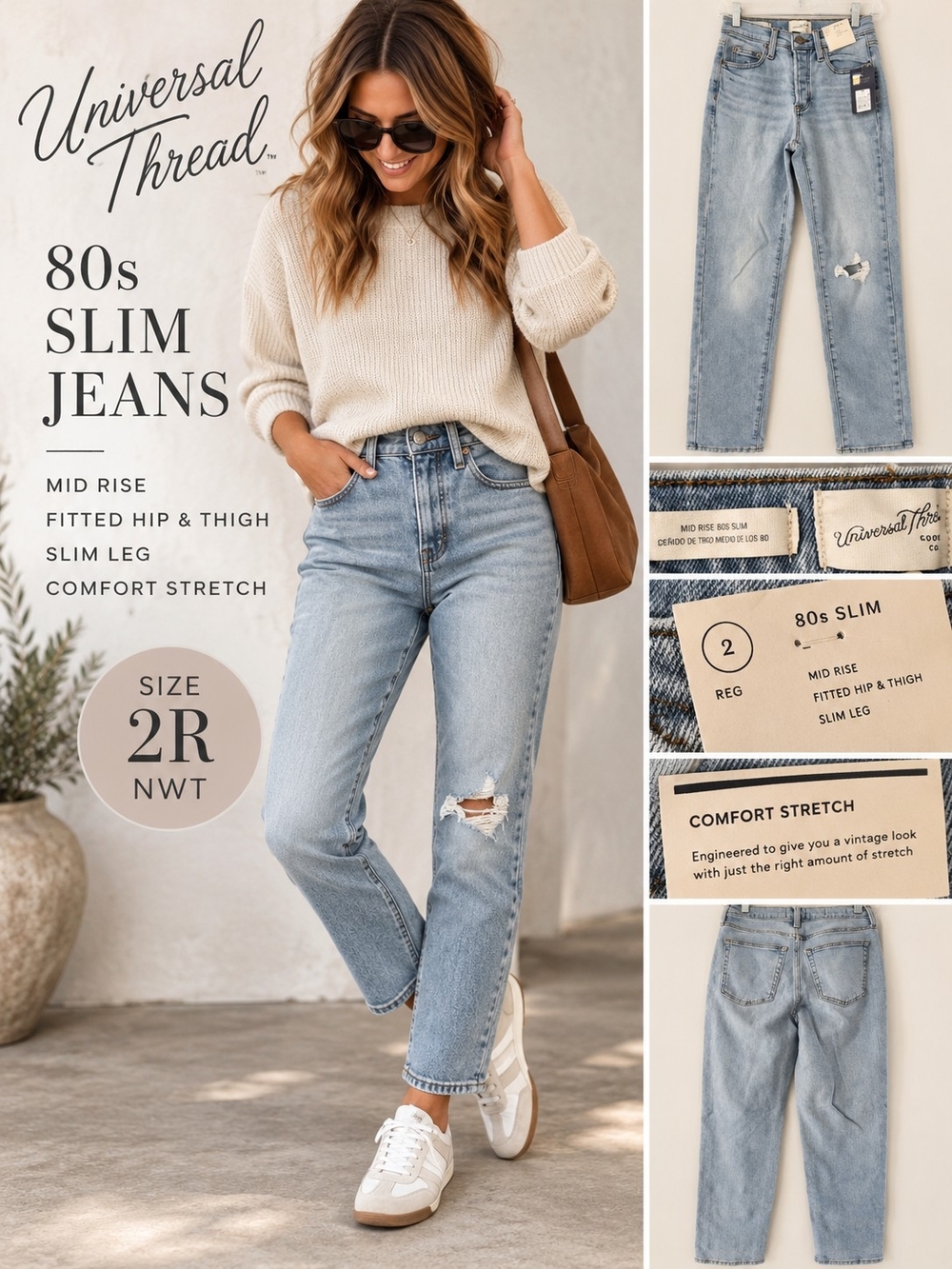 Universal Thread 80s Slim Jeans 2R Mid Rise Distressed Medium Wash NWT